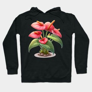 Flamingo Flower, Red Anthurium - Cartoon Houseplant Painting Hoodie